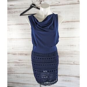 Laundry by Shelly Segal Drape Front Eyelet Navy Blue Dress sz 6 petite